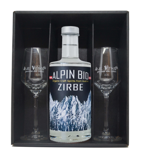 Geschenkbox mit Alpin Bio Zirbe 350ml, gebrannt 42% & 2 Gläsern - Kopie - Kopie